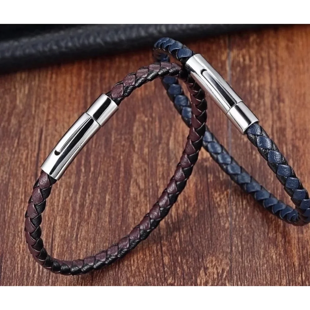 NEW Unisex Men's Black Leather Stainless Magnetic Closure Bracelet‎ 8.25”